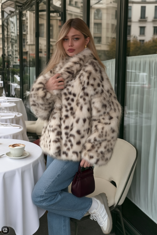 Abrigo de Piel Sintética con Patrón de Leopardo