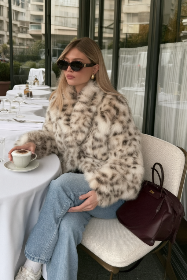 Abrigo de Piel Sintética con Patrón de Leopardo