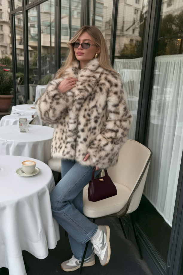 Abrigo de Piel Sintética con Patrón de Leopardo